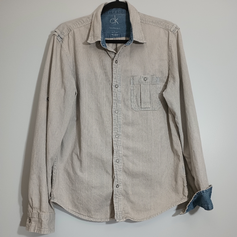 Men's‎ Calvin Klein Jeans Beige Striped Button Down Shirt L